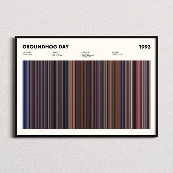 Groundhog Day Movie Barcode Poster framed and photographed straight on