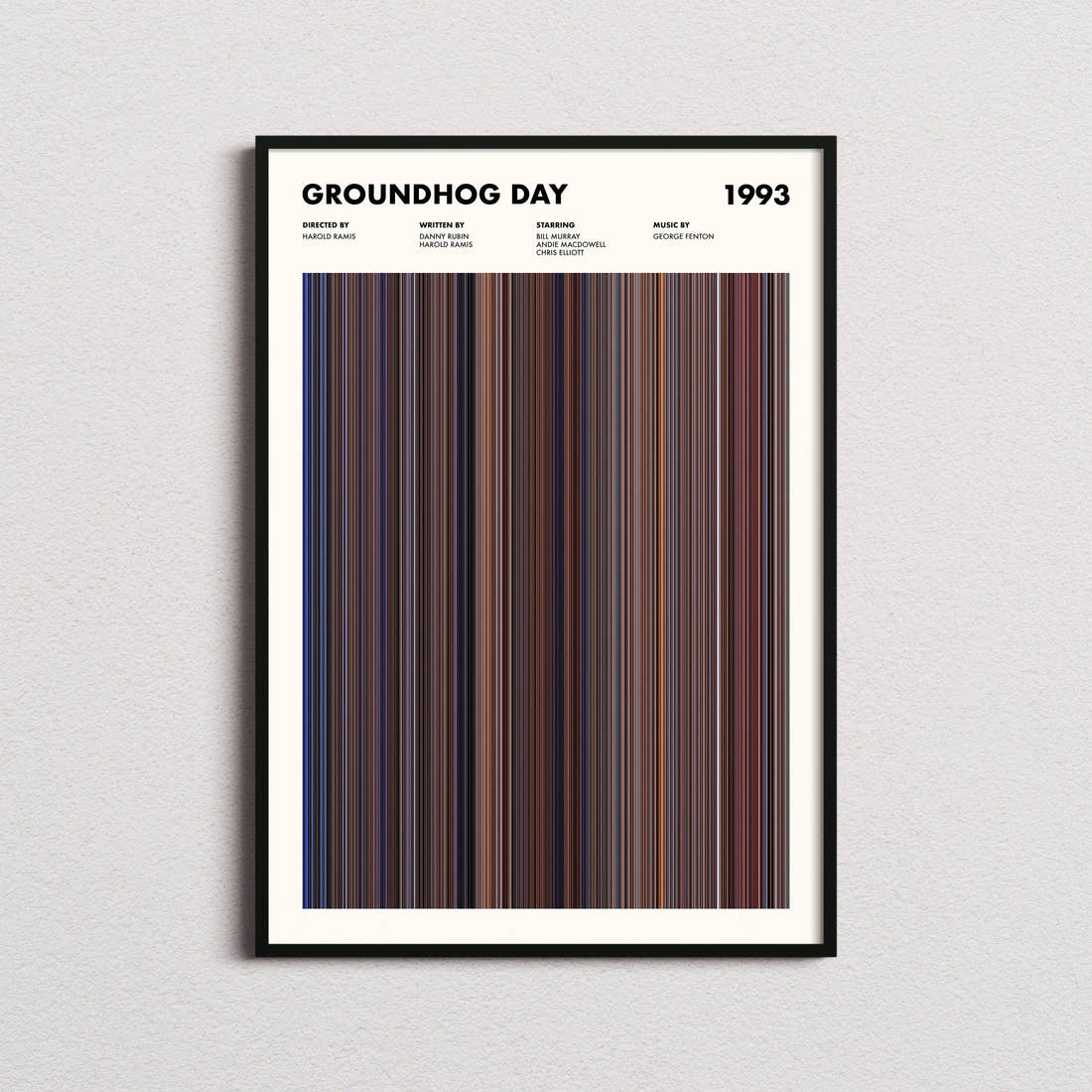Groundhog Day Movie Barcode Poster framed on a plain studio wall