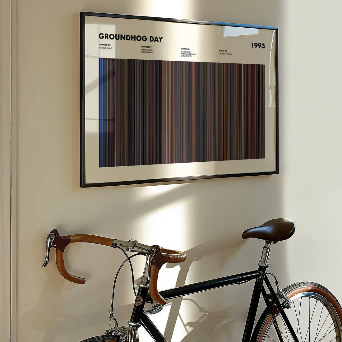 Groundhog Day Movie Barcode Poster framed on the wall of a styled room setting