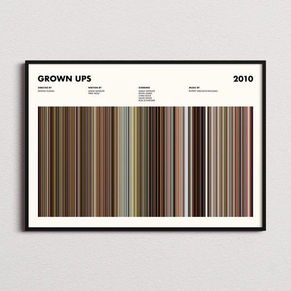 Grown Ups Movie Barcode Poster framed and photographed straight on