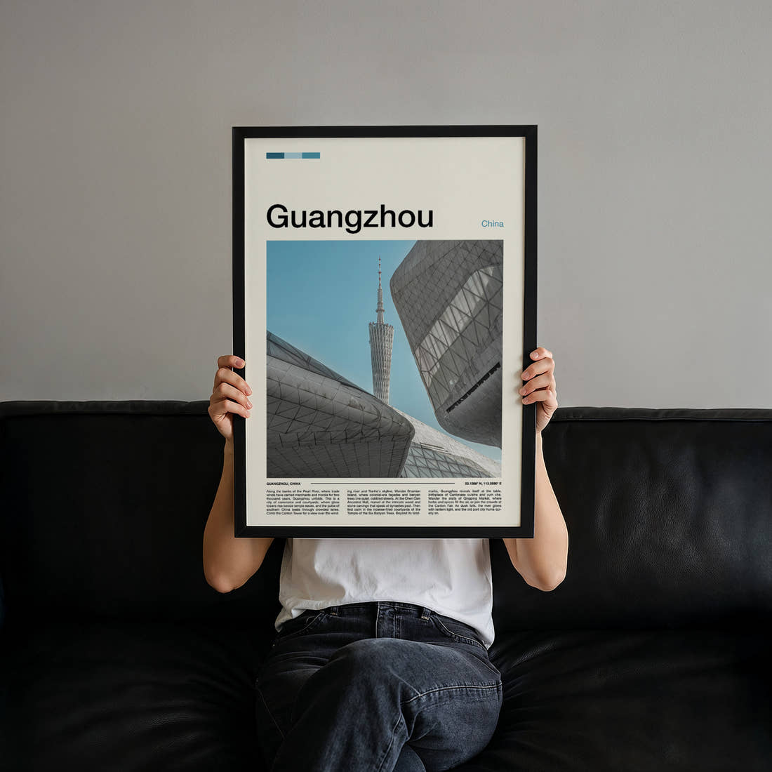 Guangzhou Canton Tower Skyline Travel Print held up by hand to show the size of the print