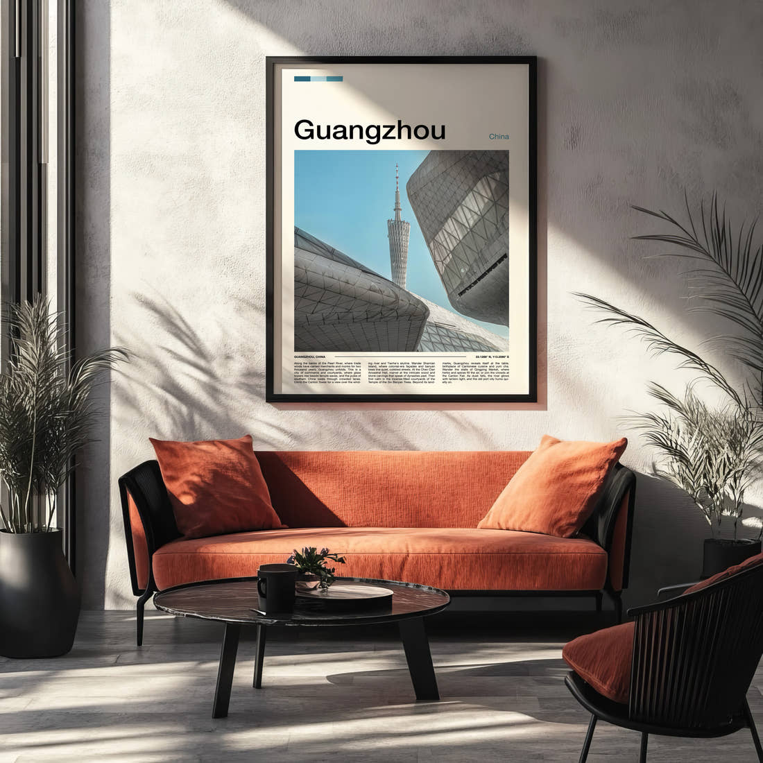 Guangzhou Canton Tower Skyline Travel Print framed on the wall of a modern living room