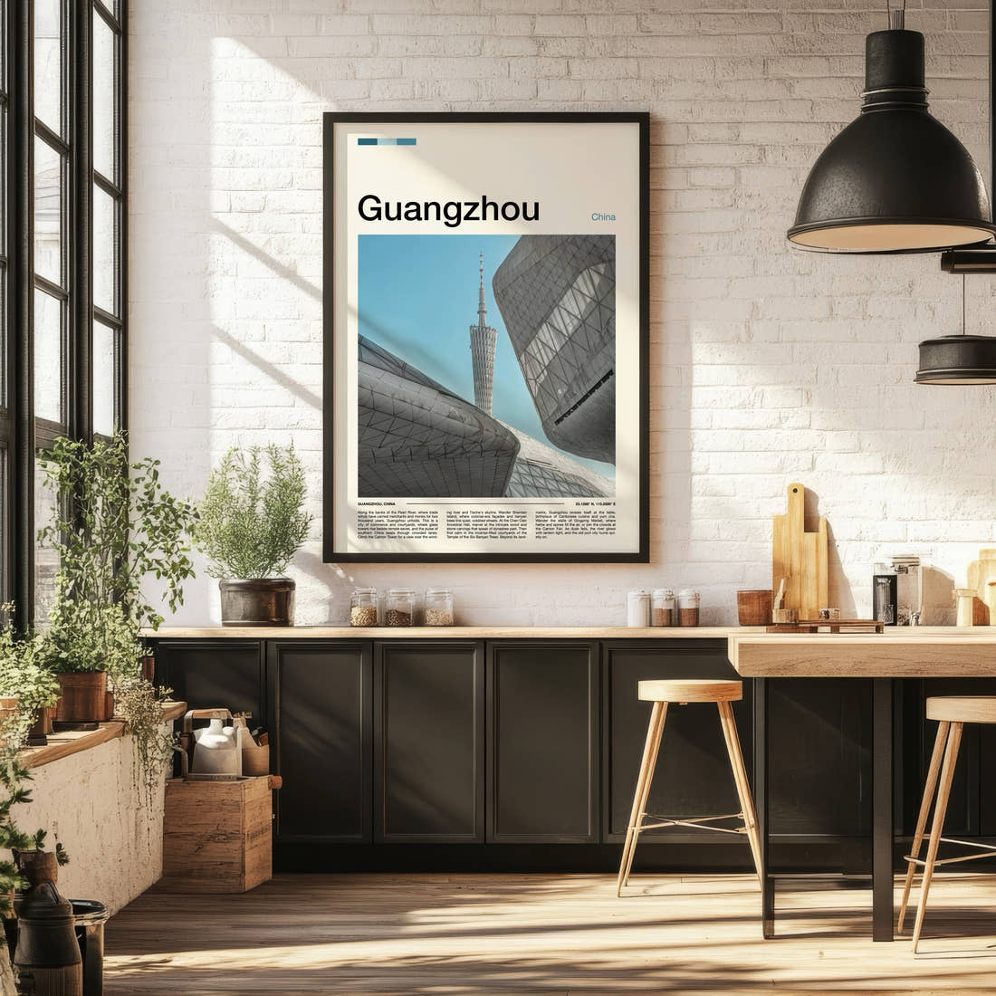 Guangzhou Canton Tower Skyline Travel Print framed on the wall of a bright kitchen and dining space