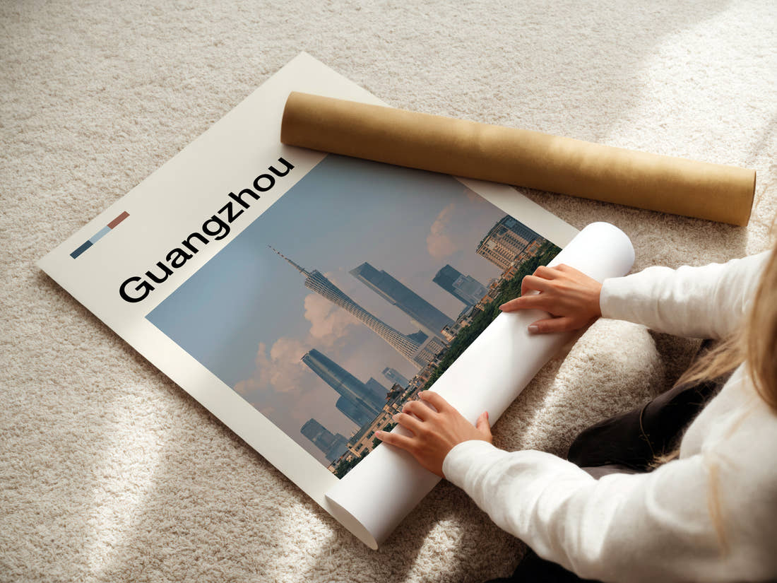 Guangzhou Canton Tower Skyline Travel Print being unrolled from its postal tube