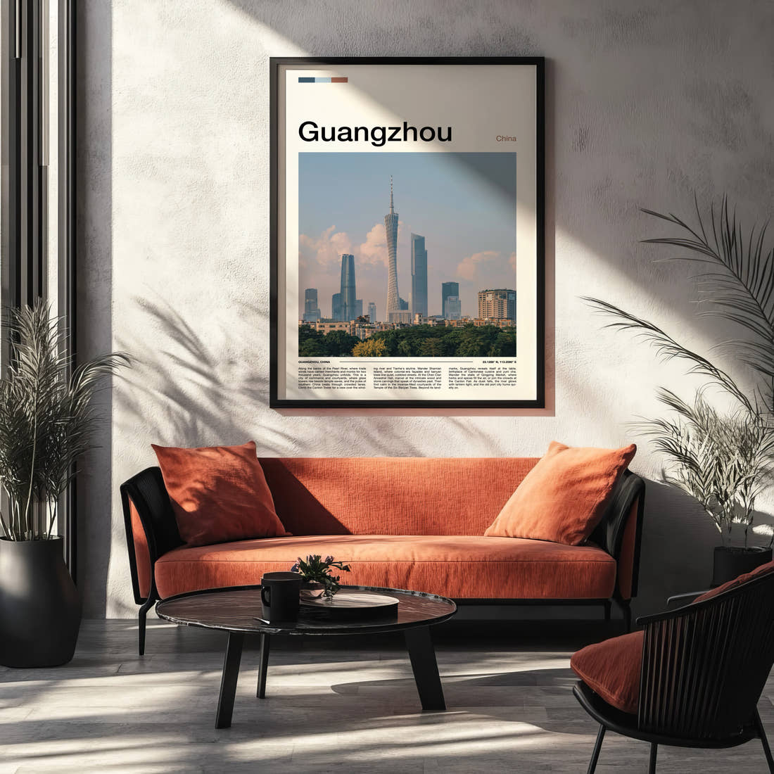 Guangzhou Canton Tower Skyline Travel Print framed on the wall of a modern living room