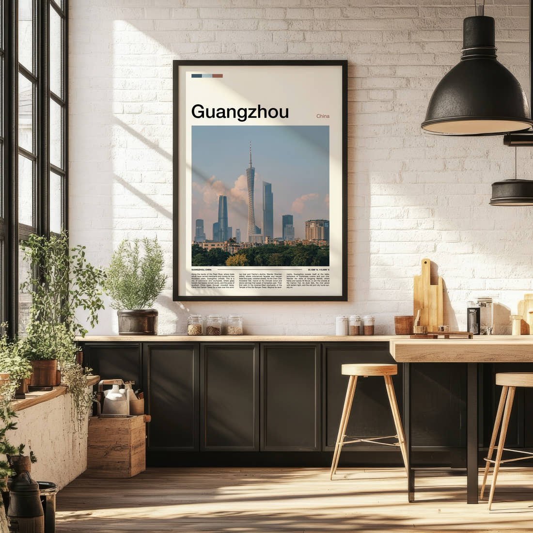 Guangzhou Canton Tower Skyline Travel Print framed on the wall of a bright kitchen and dining space