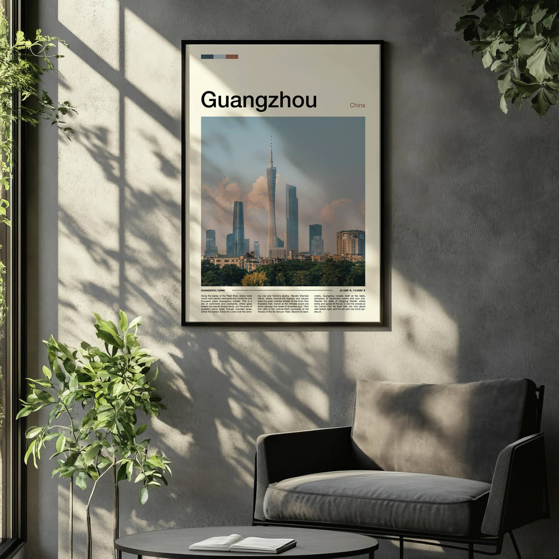 Guangzhou Canton Tower Skyline Travel Print framed on the wall of a relaxed living room