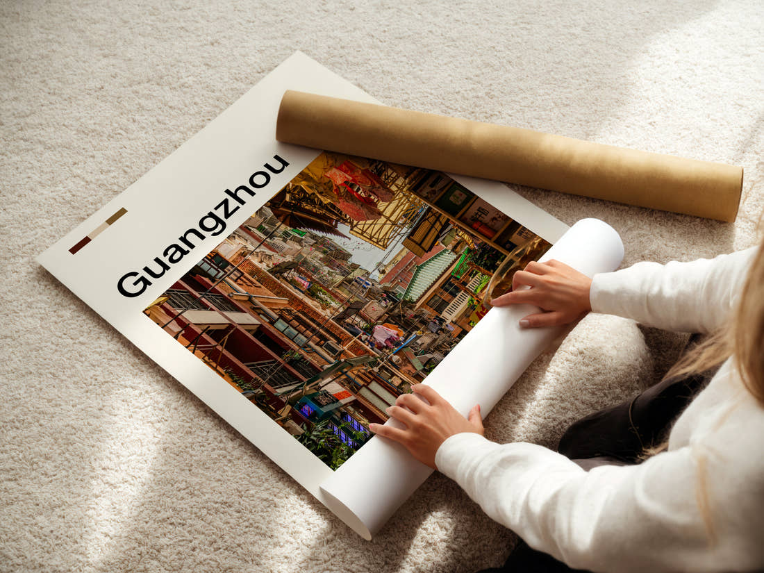 Guangzhou Old Quarter Alleyway Travel Print being unrolled from its postal tube