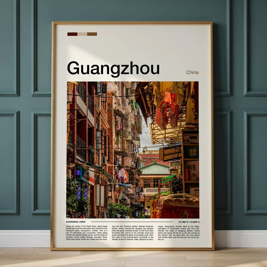 Guangzhou Old Quarter Alleyway Travel Print framed on the wall of a calm, neutral bedroom