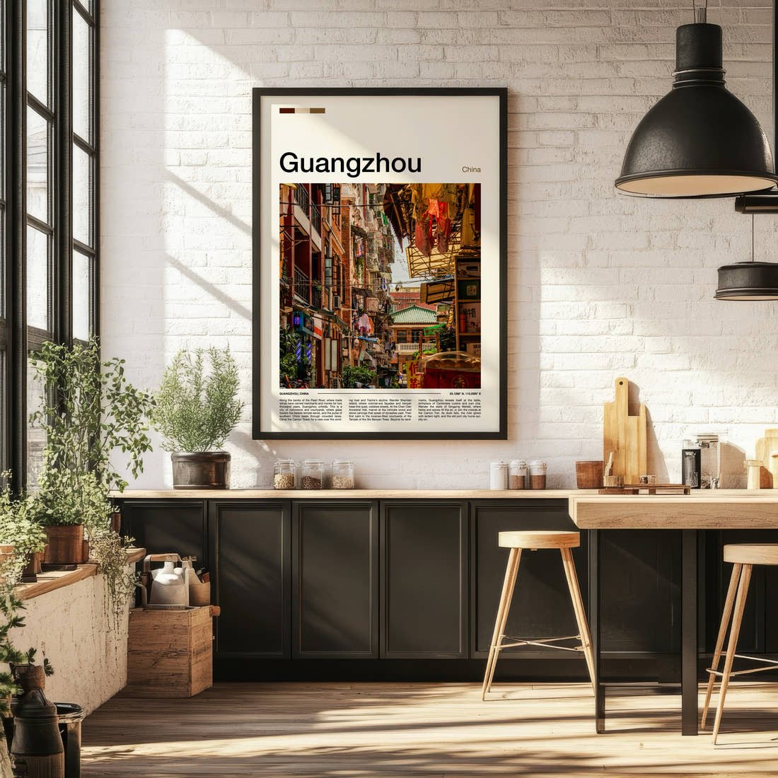 Guangzhou Old Quarter Alleyway Travel Print framed on the wall of a bright kitchen and dining space