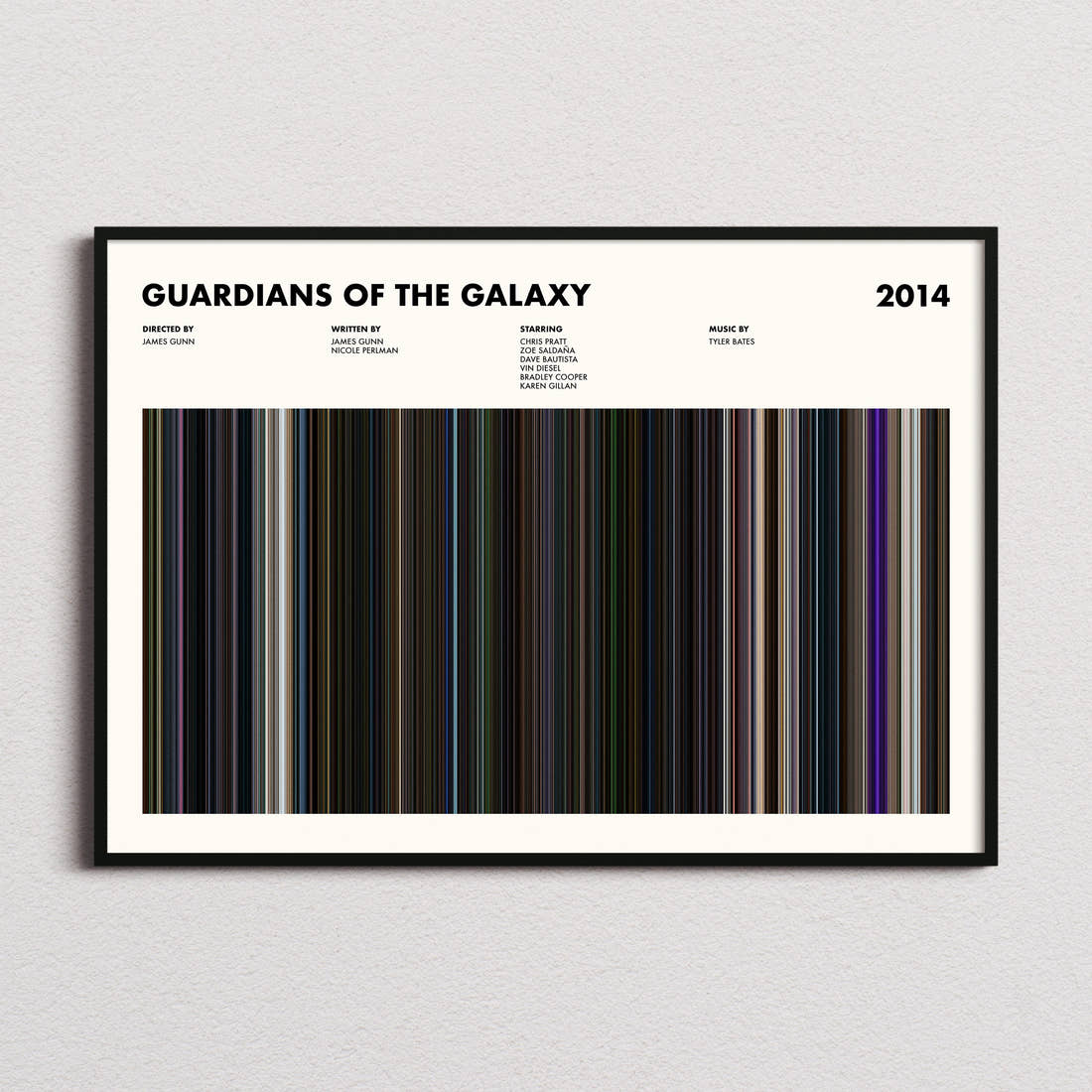 Guardians of the Galaxy Movie Barcode Poster framed and photographed straight on