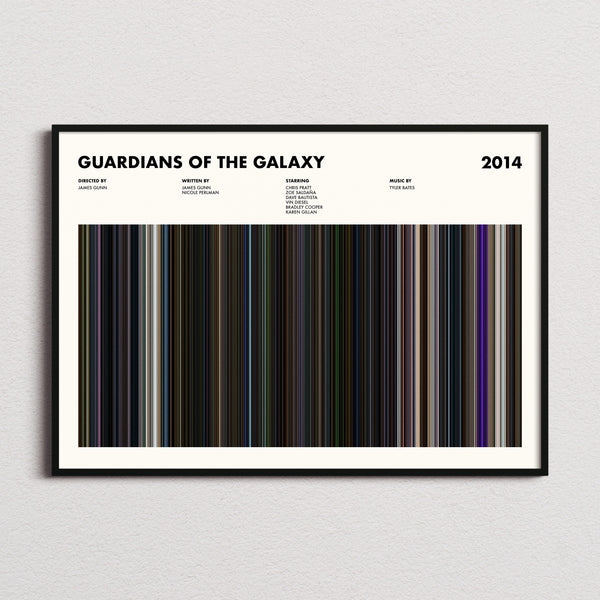 Guardians of the Galaxy Movie Barcode Poster framed and photographed straight on