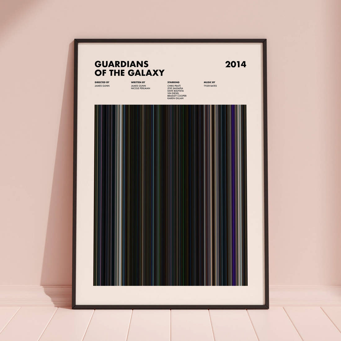 Guardians of the Galaxy Movie Barcode Poster framed and leaning against a coloured wall