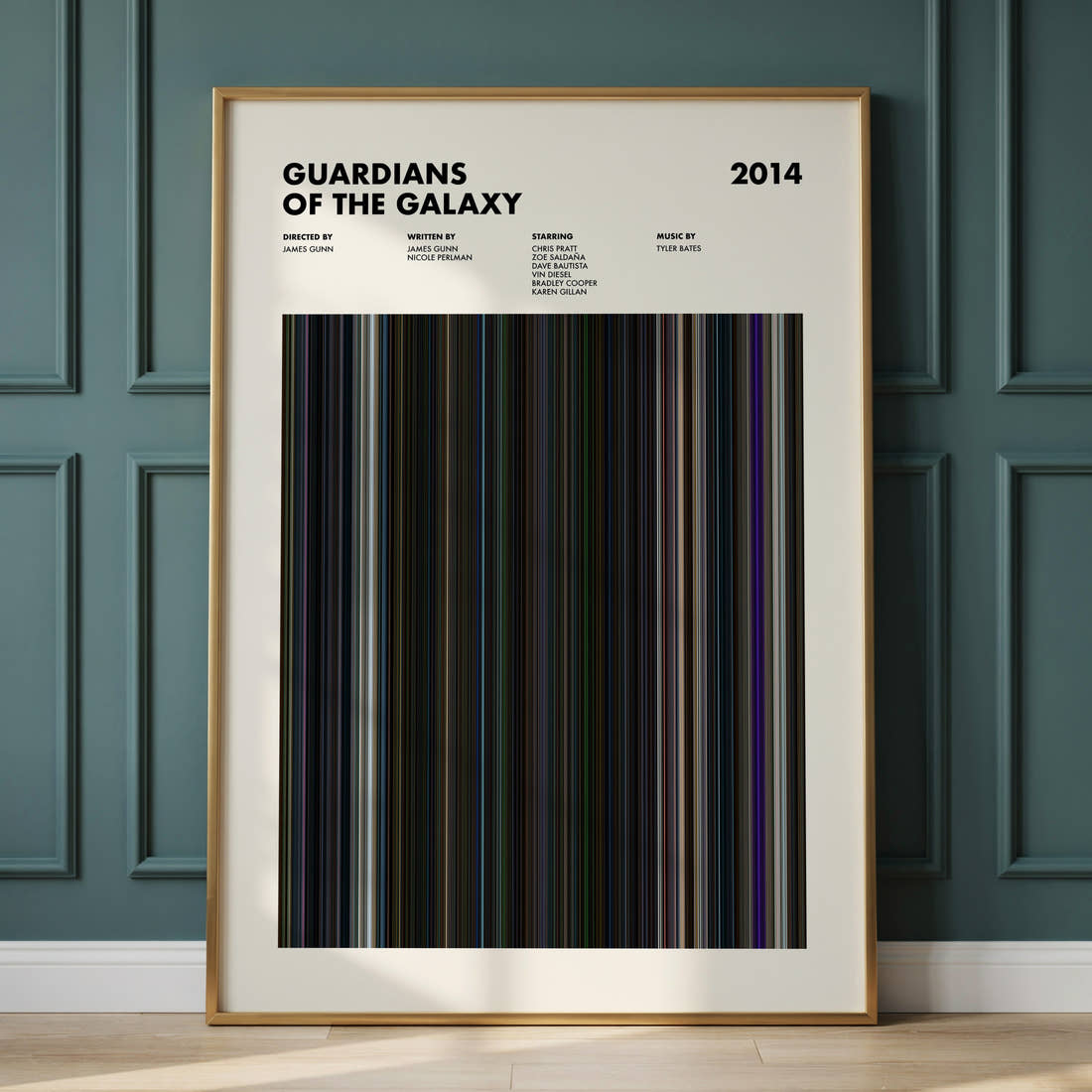 Guardians of the Galaxy Movie Barcode Poster framed and leaning against a panelled wall