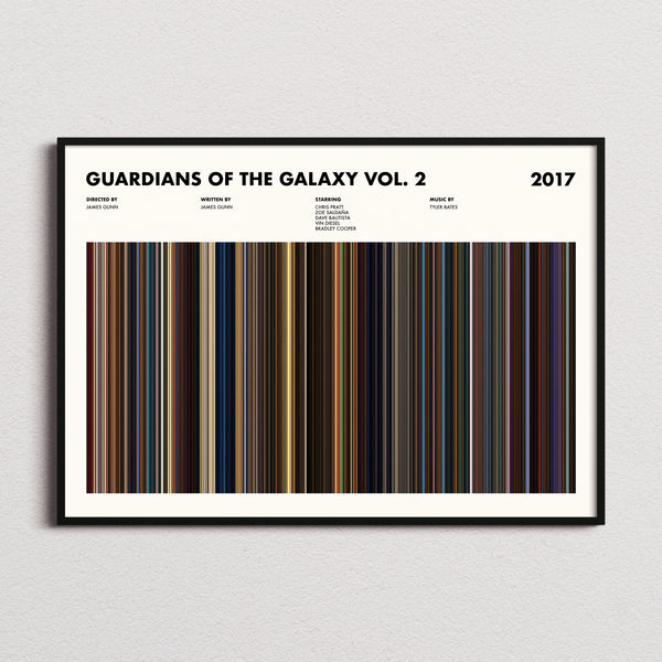 Guardians of the Galaxy Vol. 2 Movie Barcode Poster framed and photographed straight on
