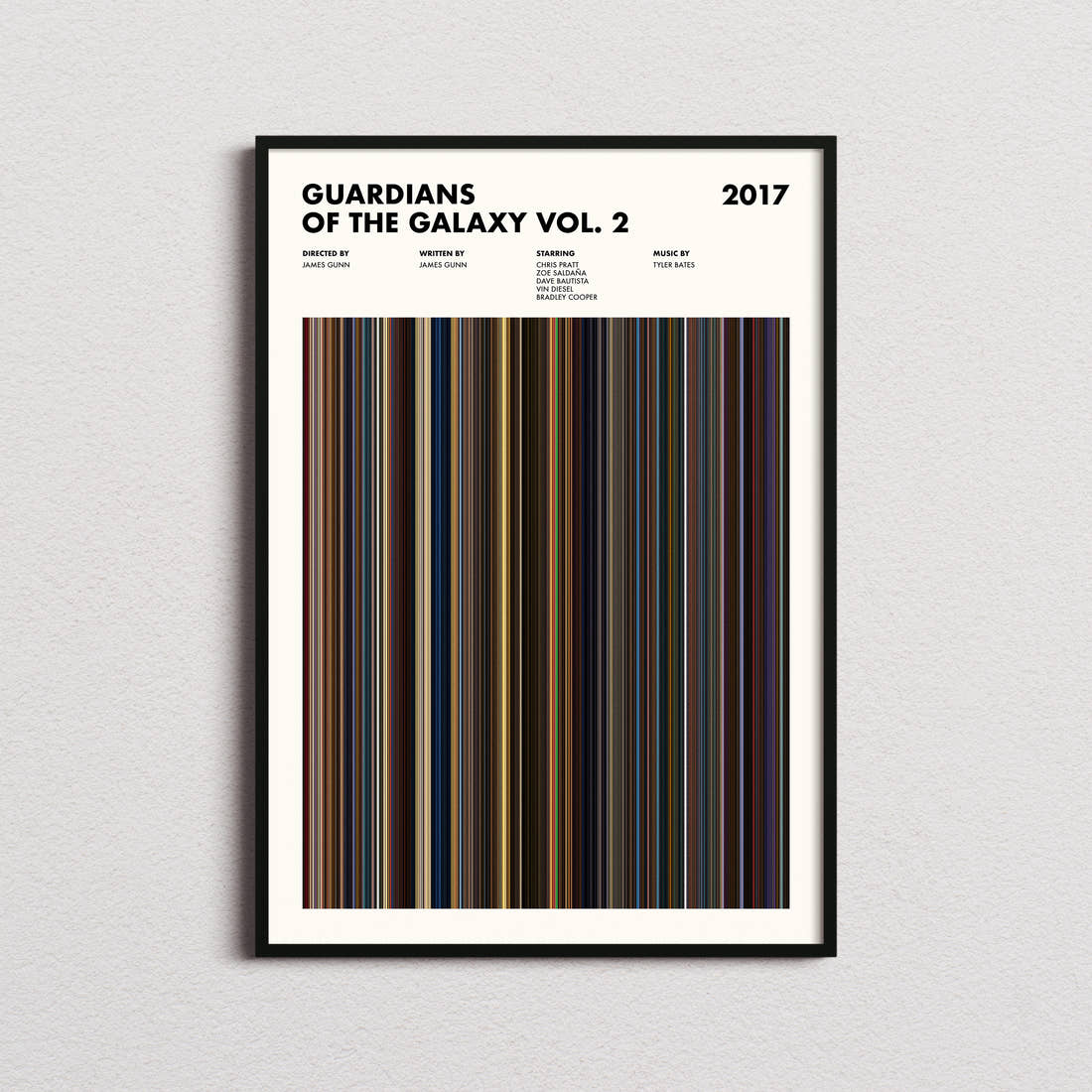 Guardians of the Galaxy Vol. 2 Movie Barcode Poster framed on a plain studio wall