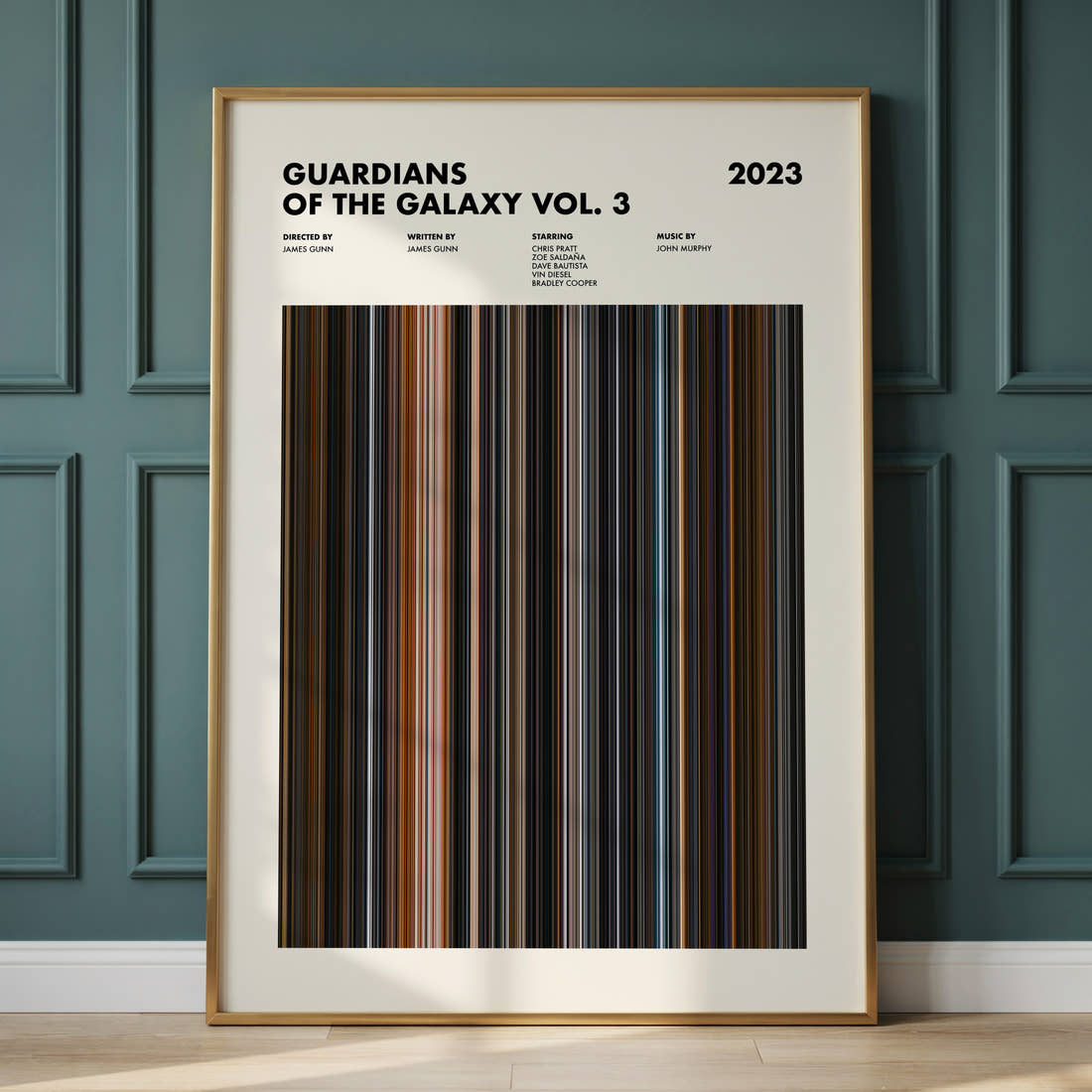Guardians of the Galaxy Vol. 3 Movie Barcode Poster framed and leaning against a panelled wall