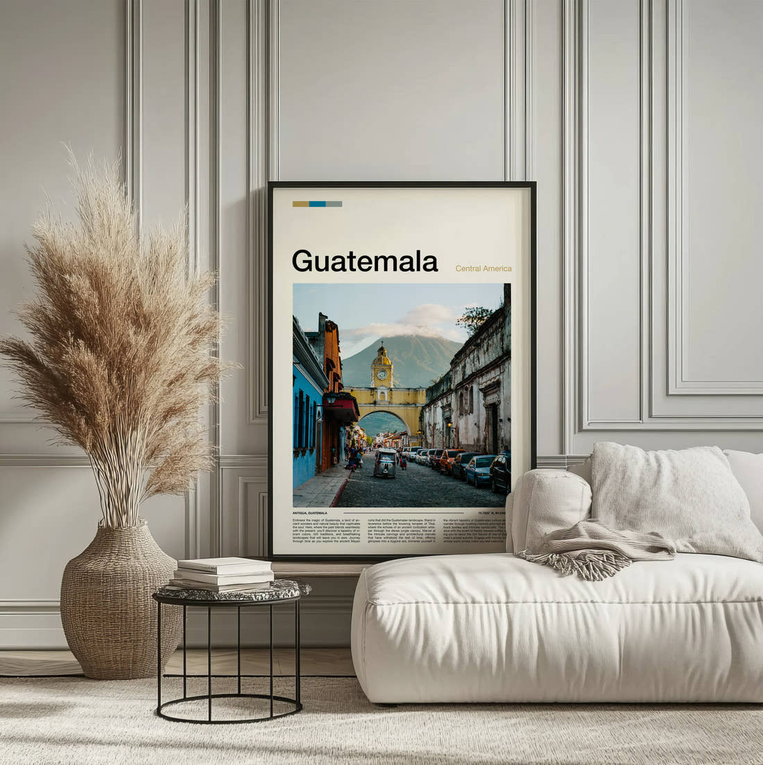Guatemala Santa Catalina Arch Travel Print framed on the wall of a calm, neutral bedroom