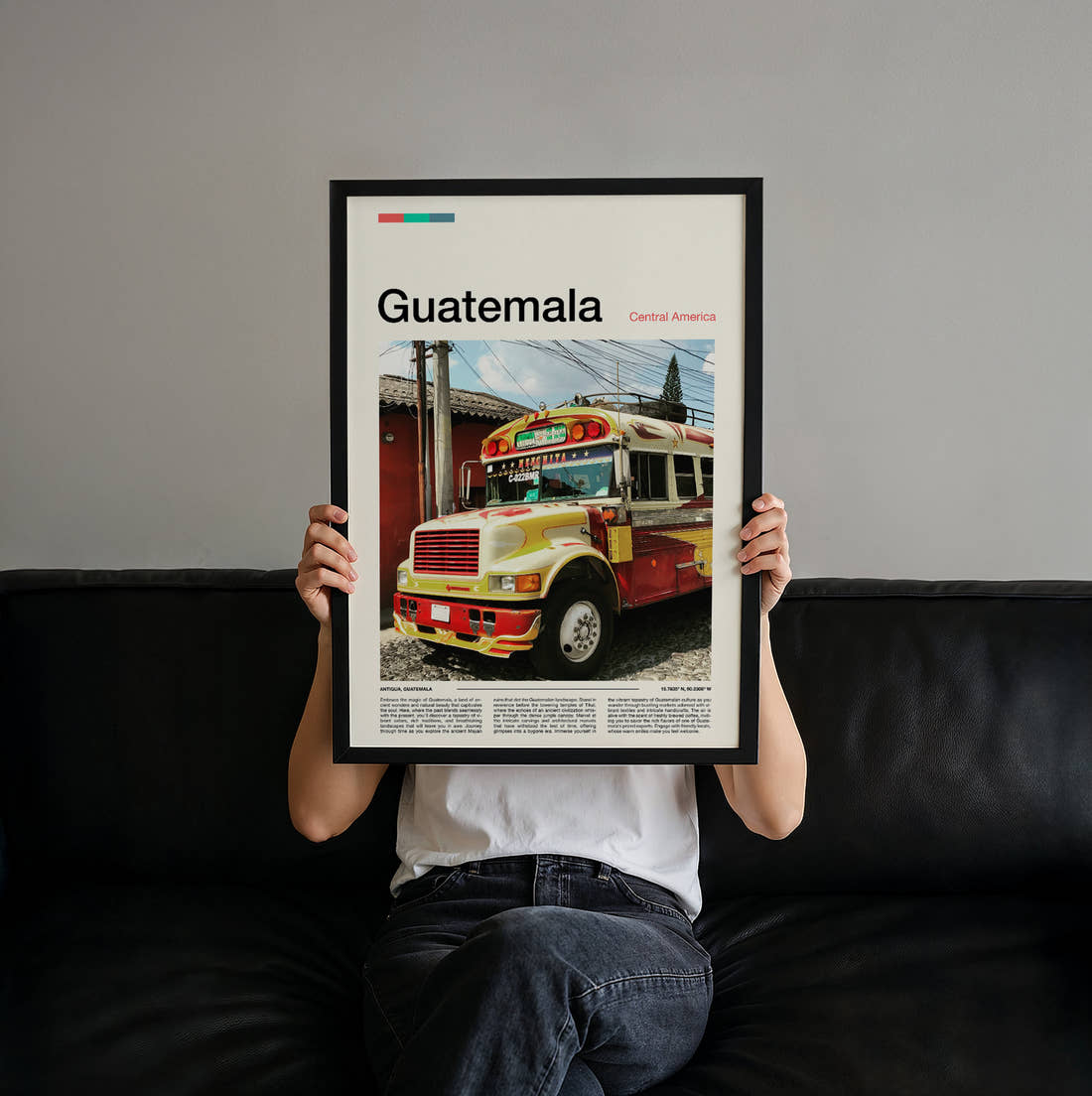 Guatemala Colourful Chicken Bus Travel Print held up by hand to show the size of the print