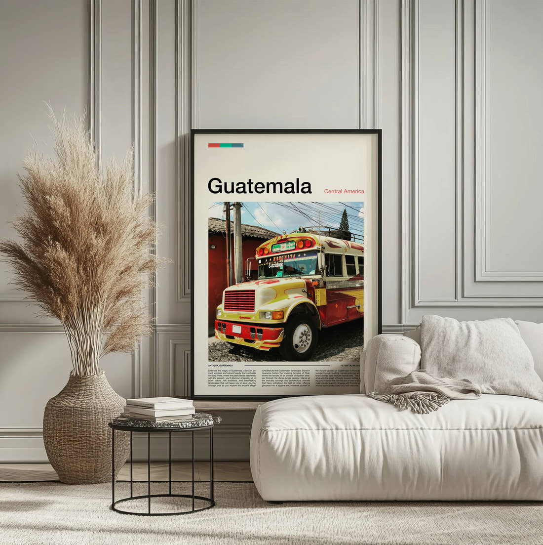 Guatemala Colourful Chicken Bus Travel Print framed on the wall of a calm, neutral bedroom