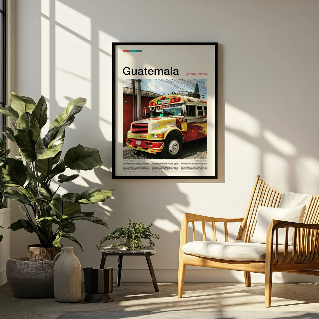 Guatemala Colourful Chicken Bus Travel Print framed on a pale wall beside houseplants