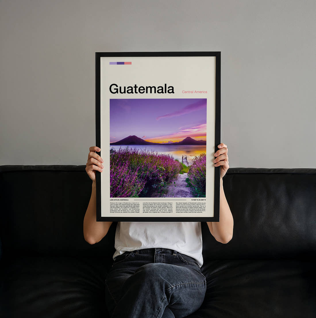 Guatemala Volcanoes Across The Lake Travel Print held up by hand to show the size of the print
