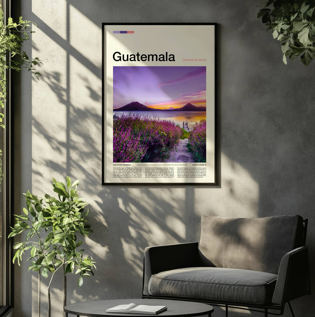 Guatemala Volcanoes Across The Lake Travel Print framed on the wall of a relaxed living room
