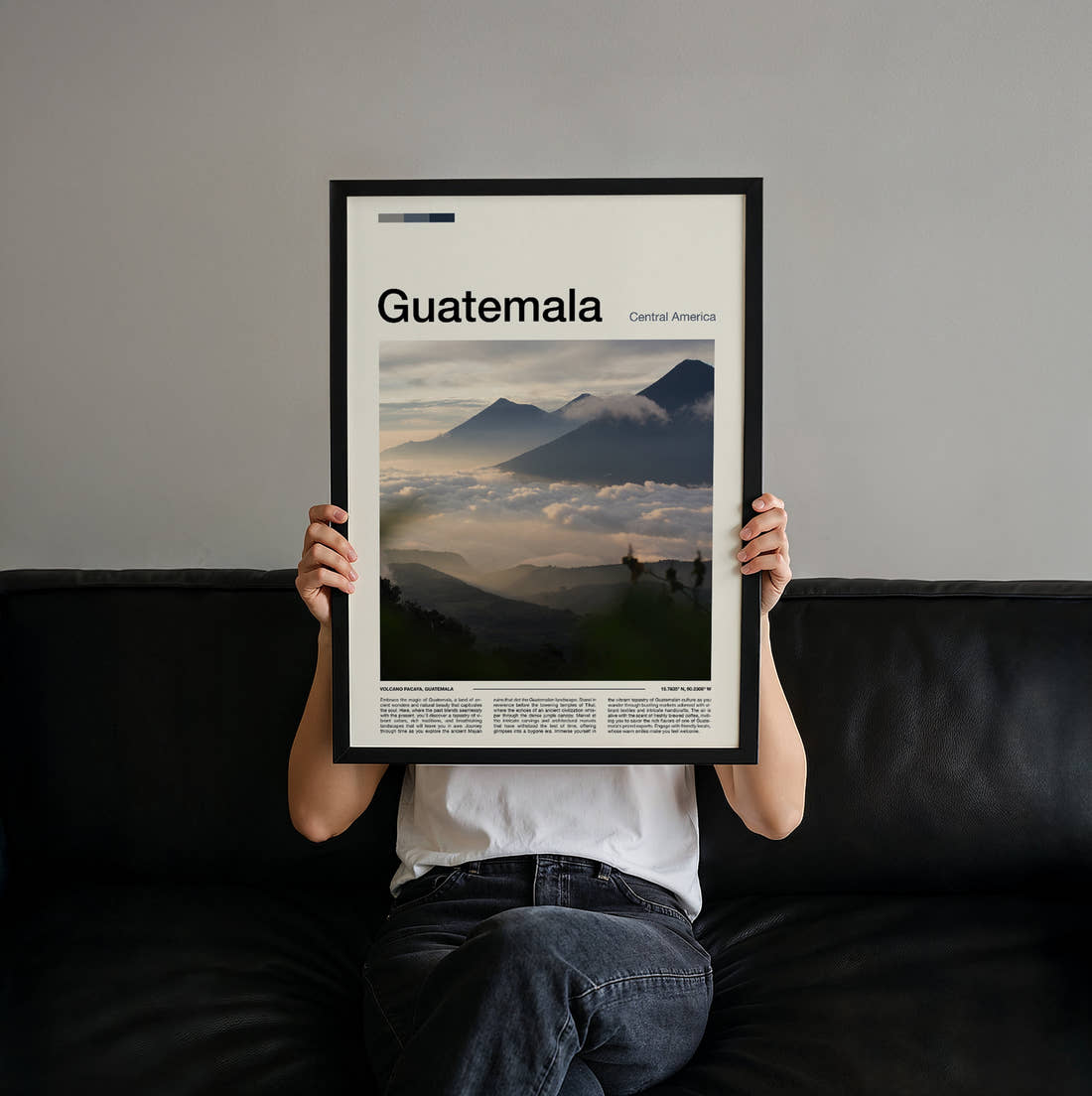 Guatemala Volcanoes Above The Clouds Travel Print held up by hand to show the size of the print