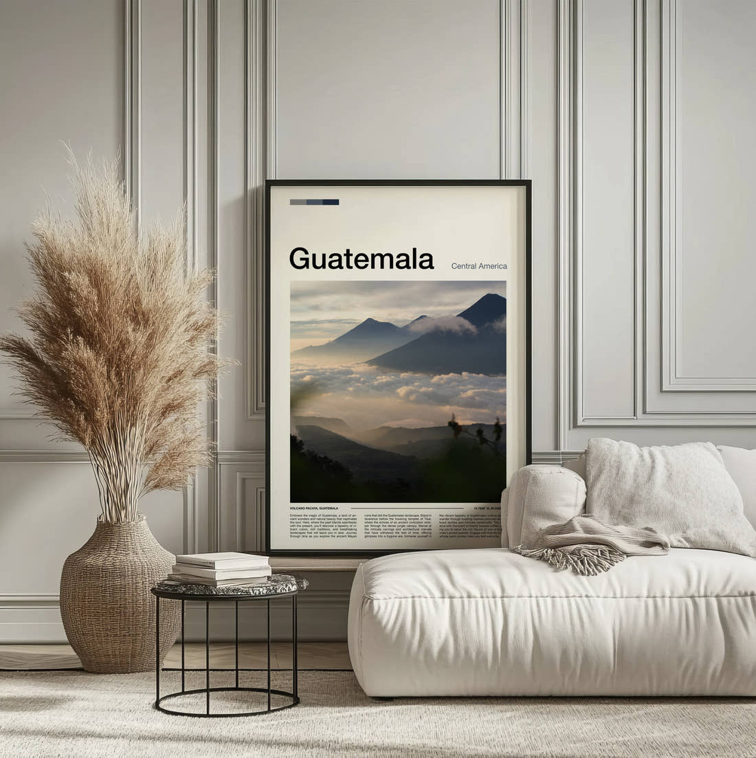 Guatemala Volcanoes Above The Clouds Travel Print framed on the wall of a calm, neutral bedroom
