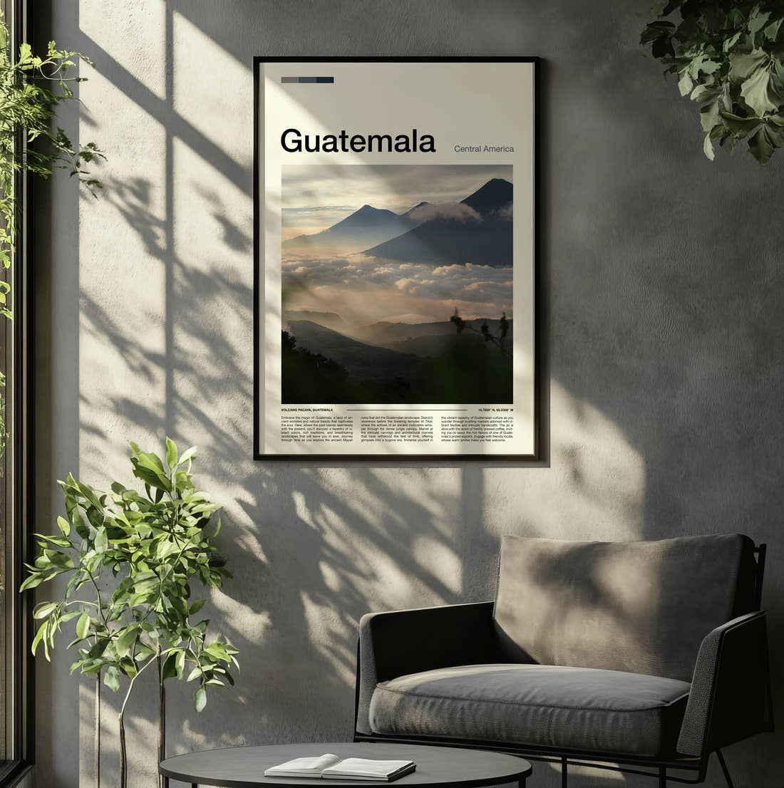 Guatemala Volcanoes Above The Clouds Travel Print framed on the wall of a relaxed living room