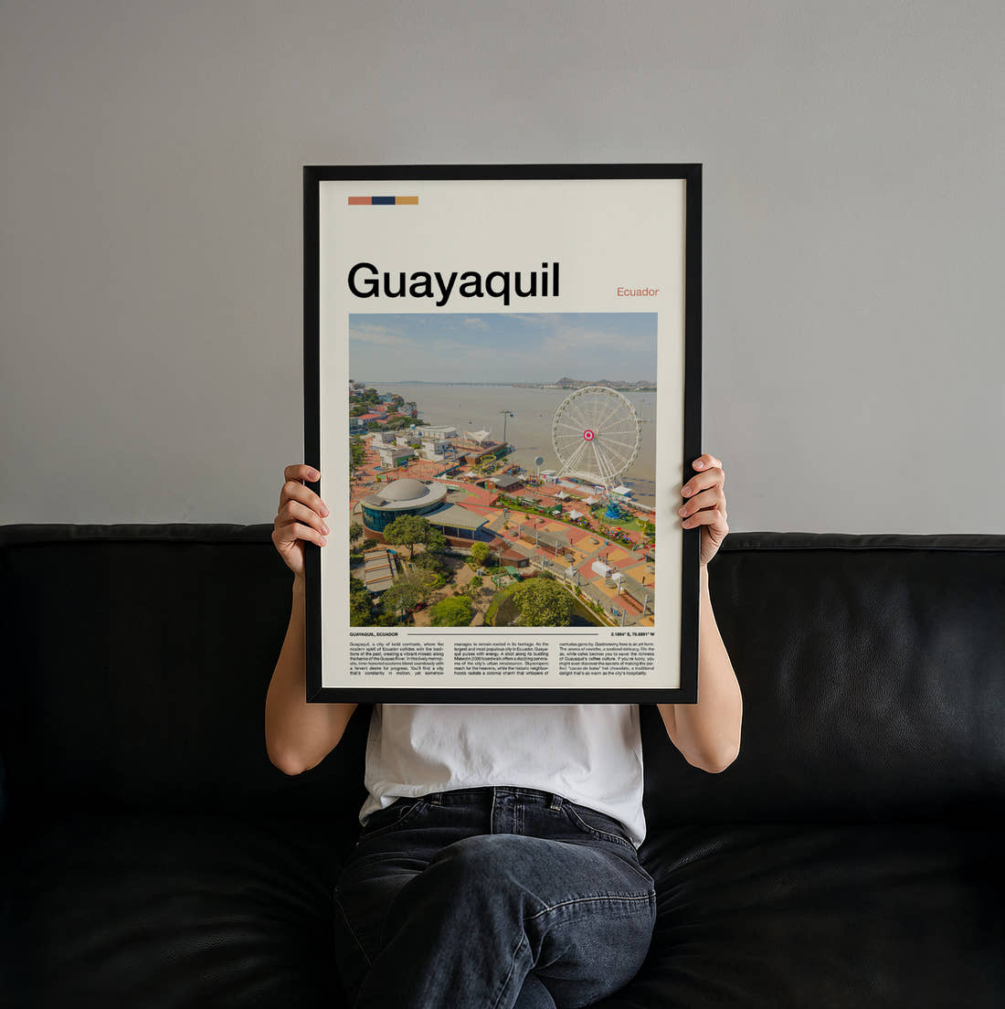 Guayaquil Ferris Wheel On The Waterfront Travel Print held up by hand to show the size of the print