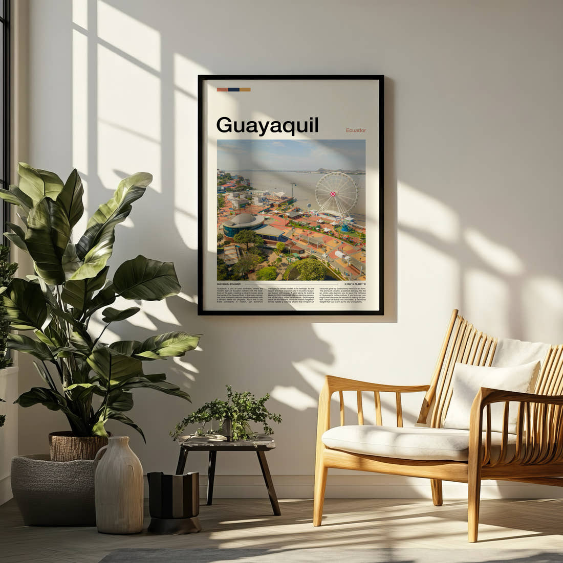 Guayaquil Ferris Wheel On The Waterfront Travel Print framed on a pale wall beside houseplants
