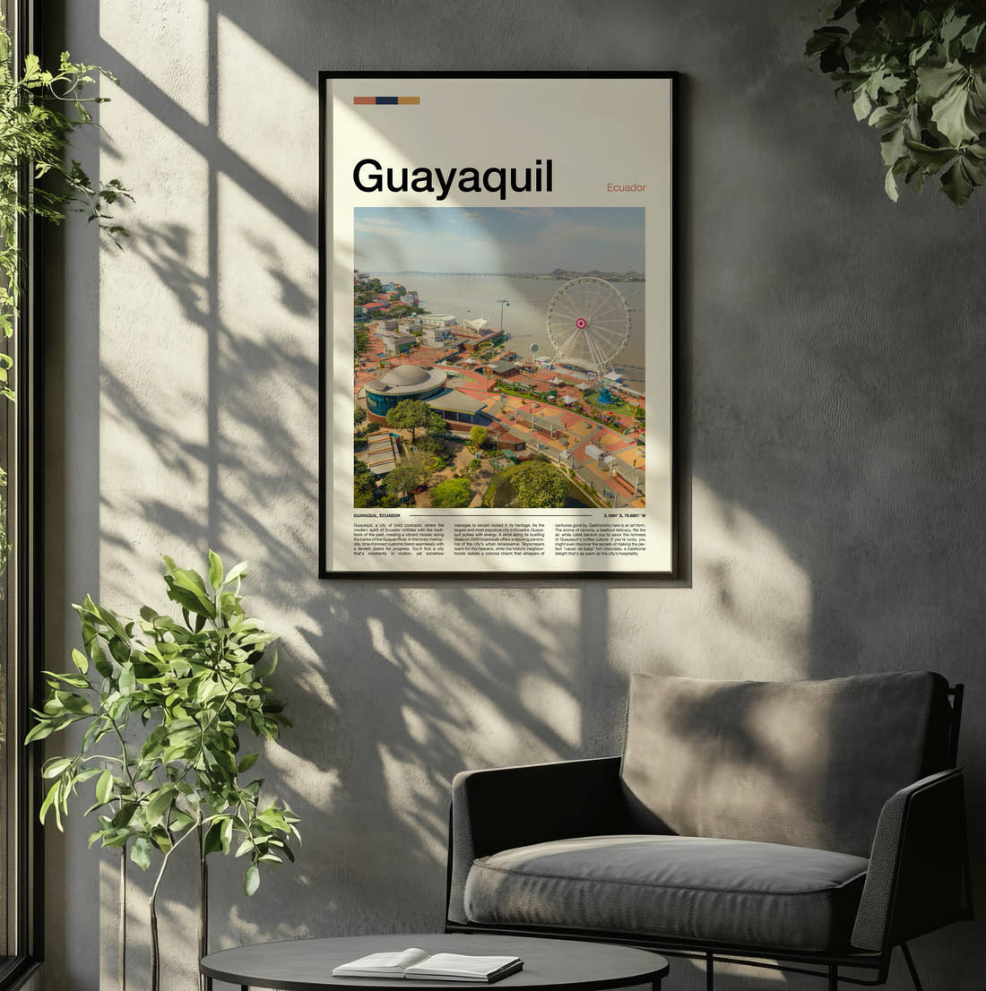 Guayaquil Ferris Wheel On The Waterfront Travel Print framed on the wall of a relaxed living room