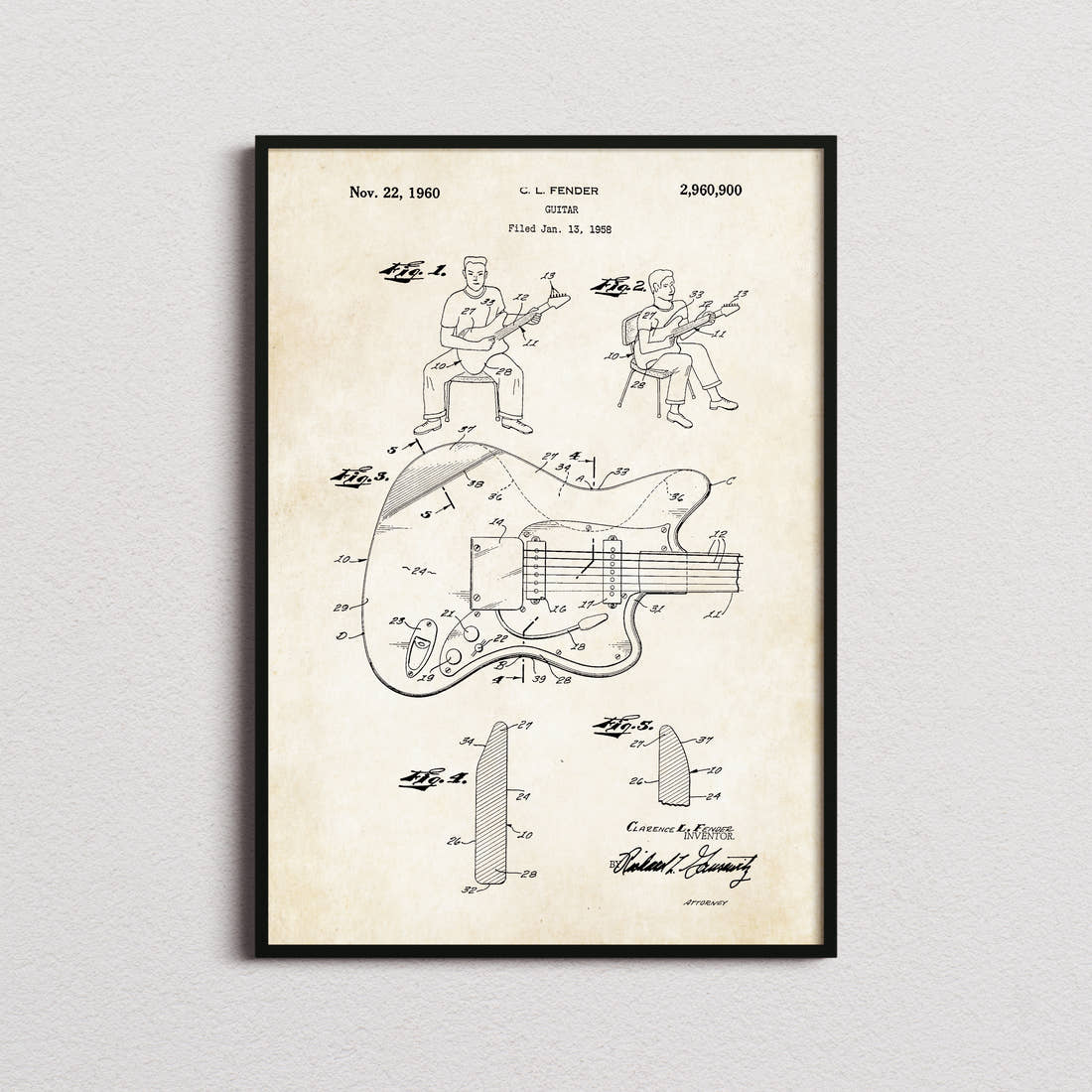 Guitar Fender Patent Print in the aged paper colourway, framed