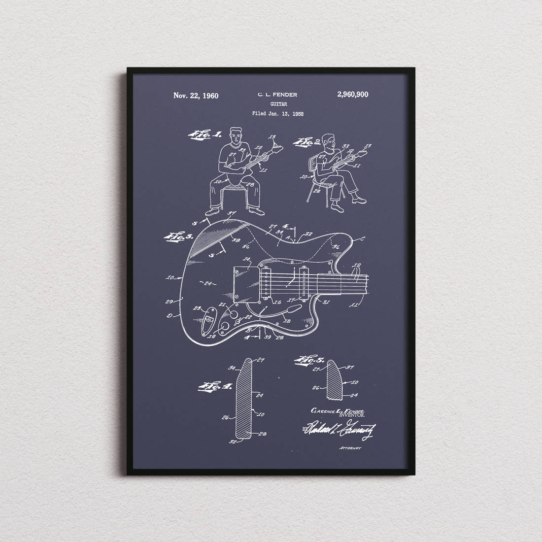 Guitar Fender Patent Print in the navy colourway, framed