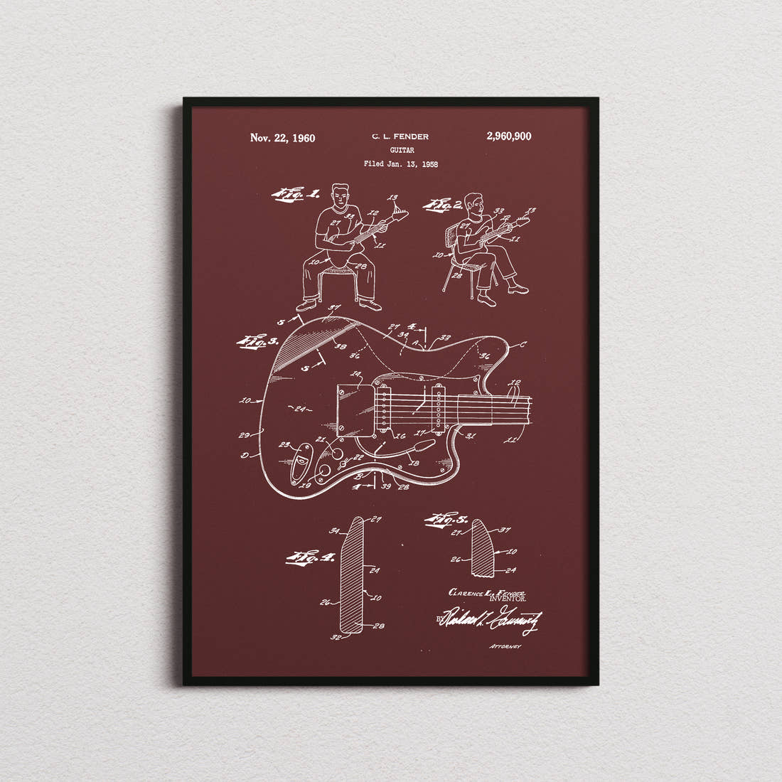 Guitar Fender Patent Print in the burgundy colourway, framed