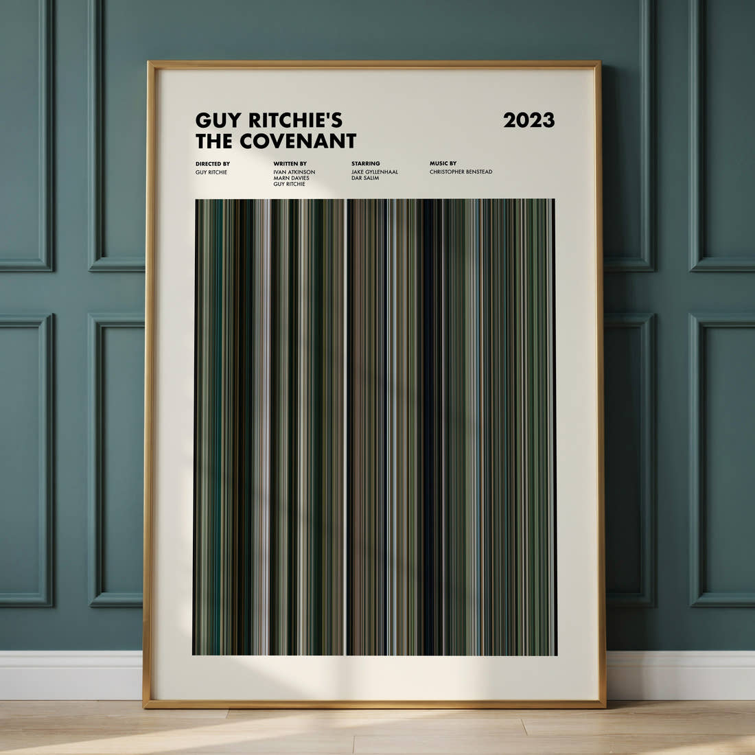 Guy Ritchie's The Covenant Movie Barcode Poster framed and leaning against a panelled wall