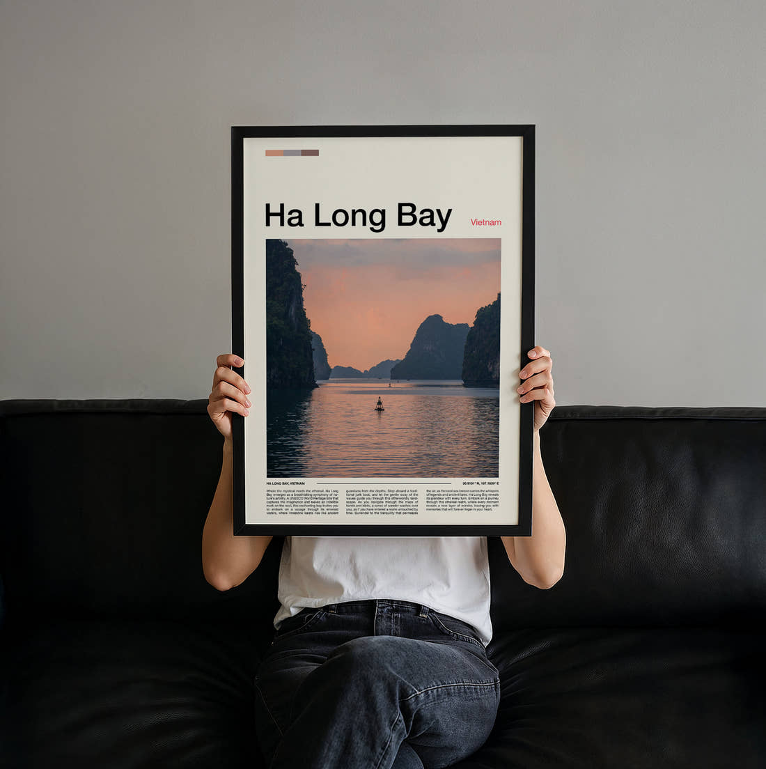 Ha Long Bay Limestone Karsts Travel Print held up by hand to show the size of the print
