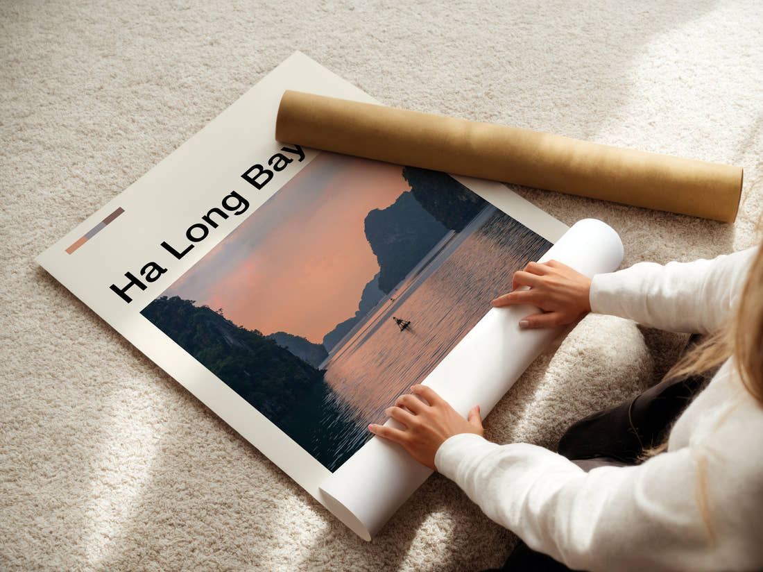 Ha Long Bay Limestone Karsts Travel Print being unrolled from its postal tube