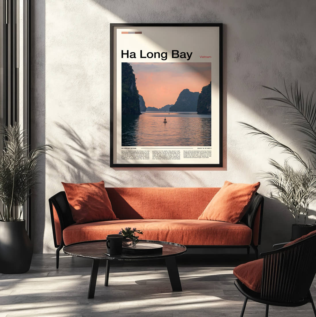 Ha Long Bay Limestone Karsts Travel Print framed on the wall of a modern living room
