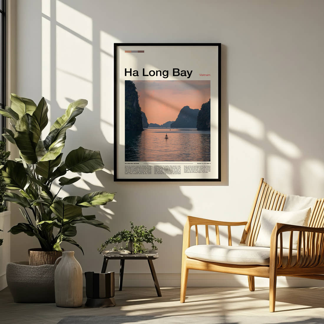 Ha Long Bay Limestone Karsts Travel Print framed on a pale wall beside houseplants