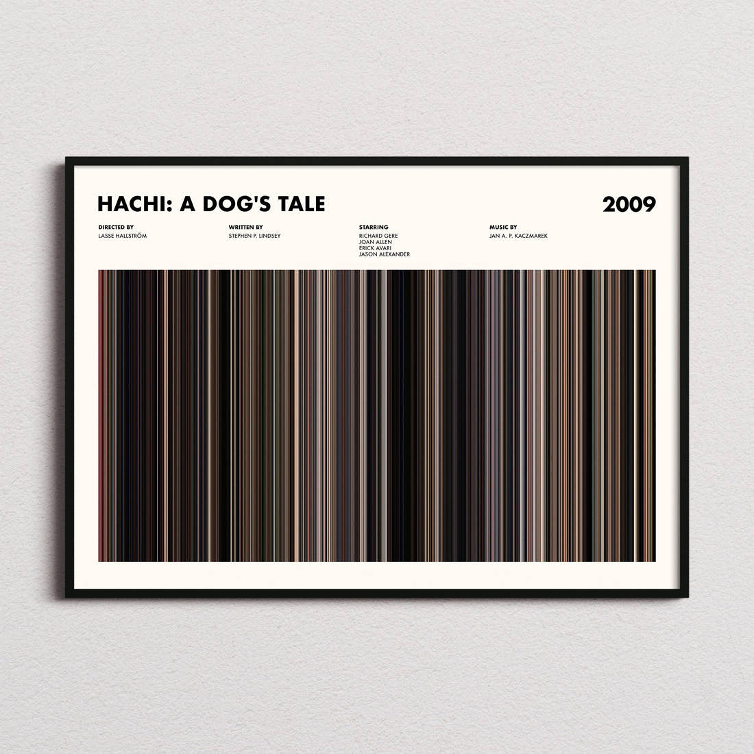 Hachi: A Dog's Tale Movie Barcode Poster framed and photographed straight on