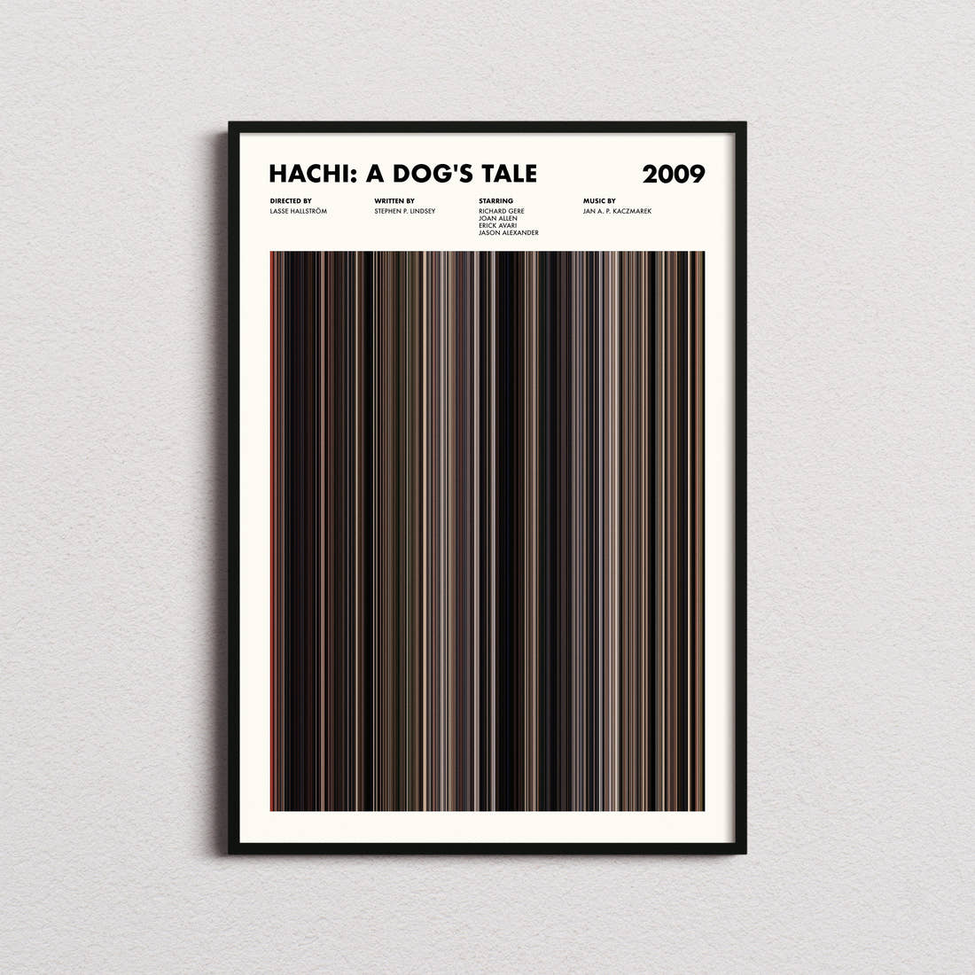 Hachi: A Dog's Tale Movie Barcode Poster framed on a plain studio wall