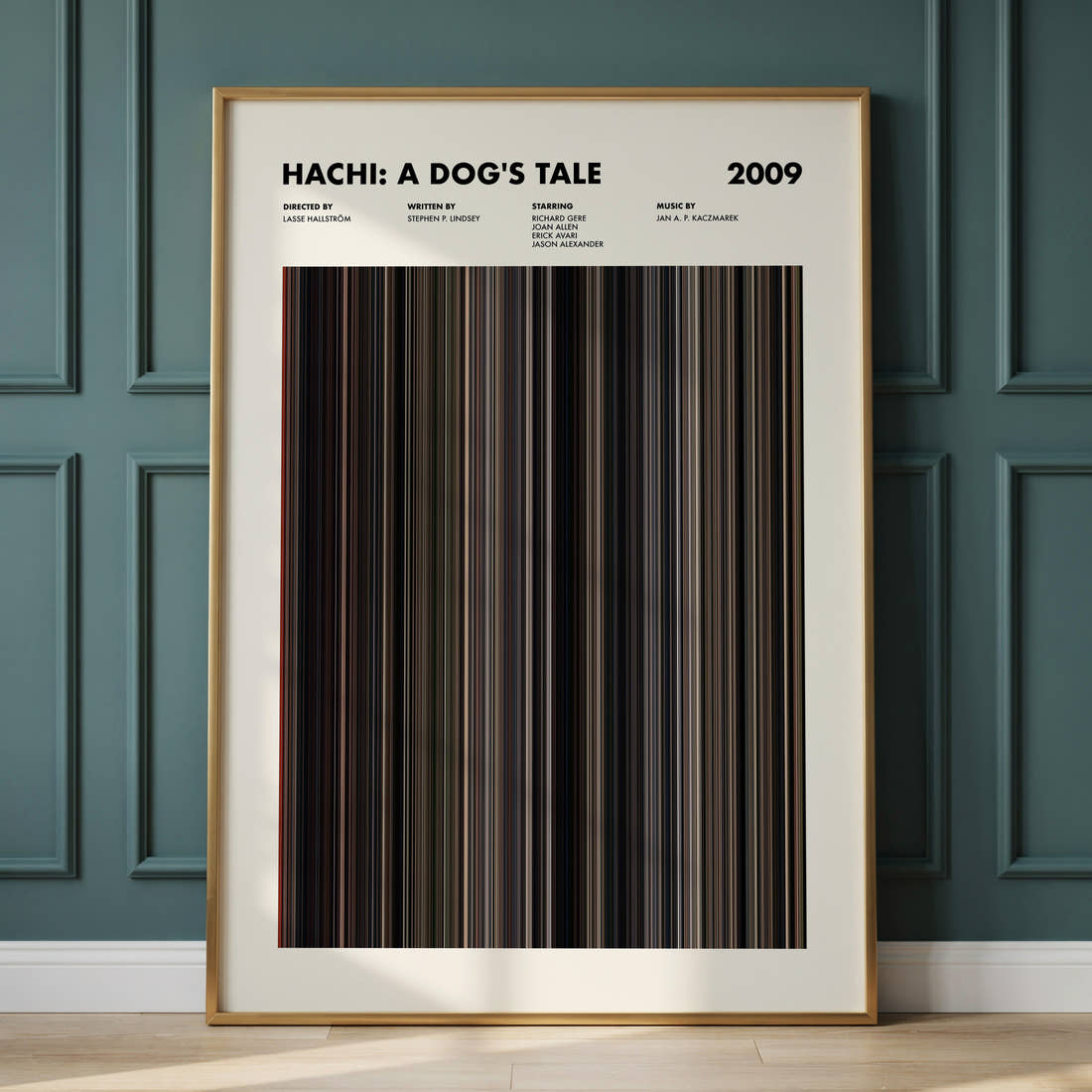 Hachi: A Dog's Tale Movie Barcode Poster framed and leaning against a panelled wall