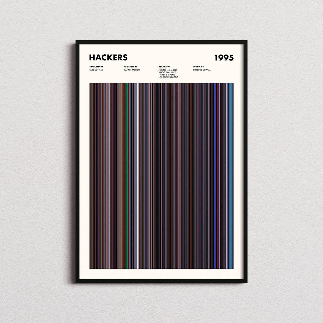 Hackers Movie Barcode Poster framed on a plain studio wall