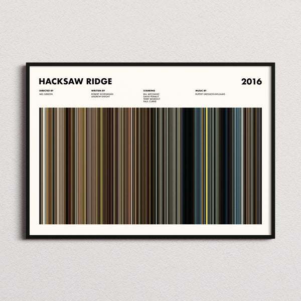 Hacksaw Ridge Movie Barcode Poster framed and photographed straight on