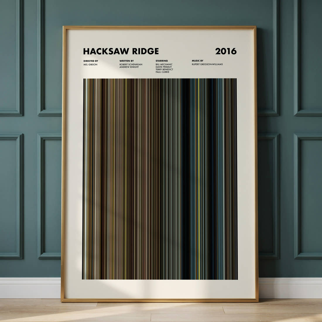 Hacksaw Ridge Movie Barcode Poster framed and leaning against a panelled wall