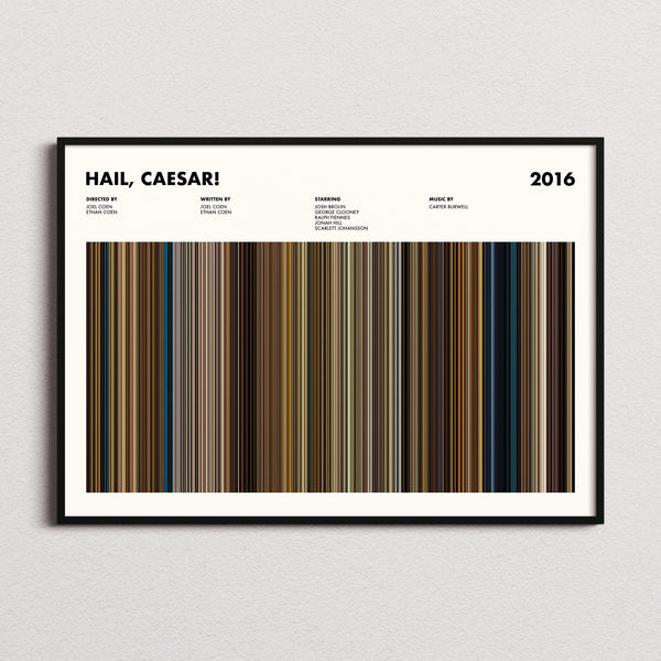 Hail, Caesar! Movie Barcode Poster framed and photographed straight on