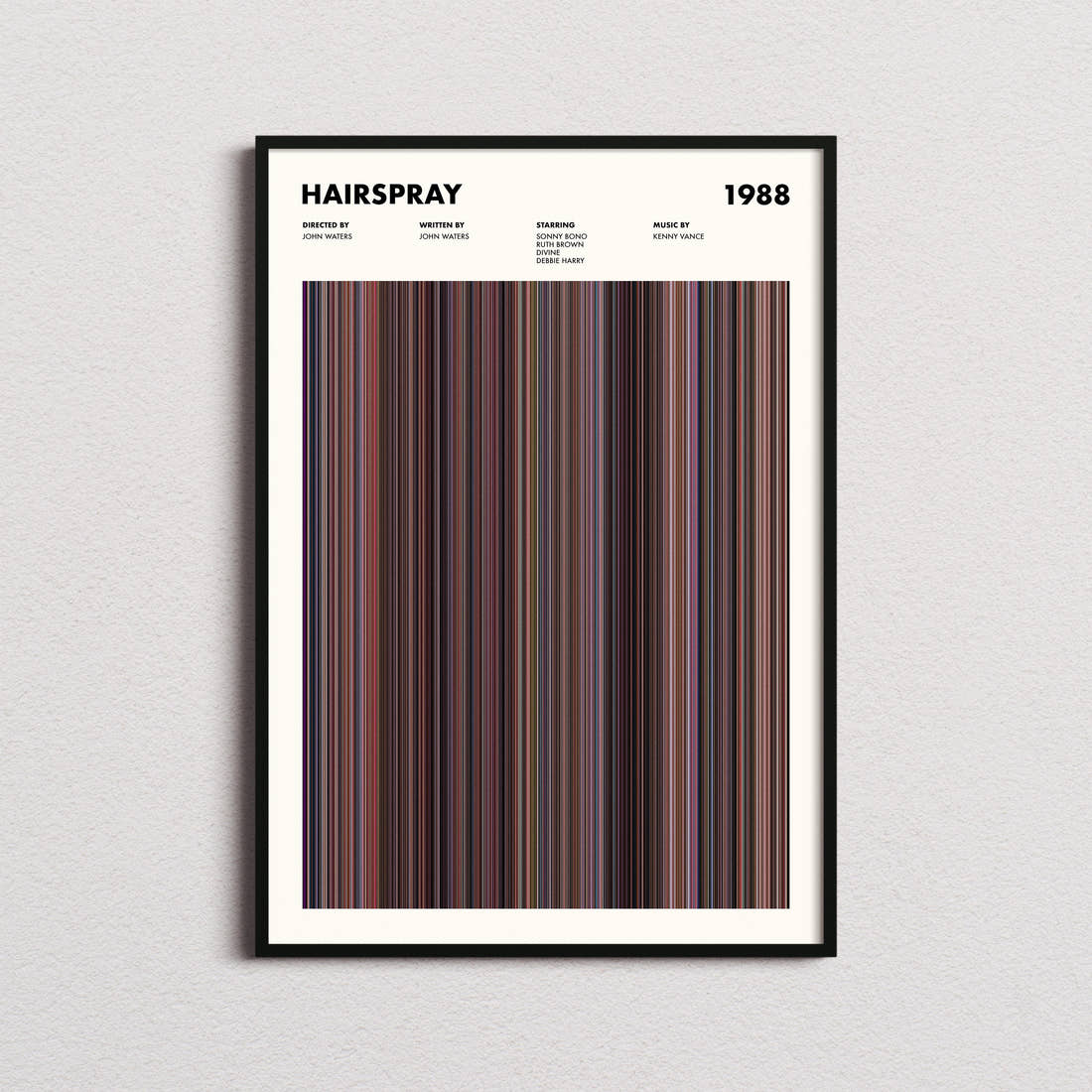 Hairspray 1988 Movie Barcode Poster framed on a plain studio wall