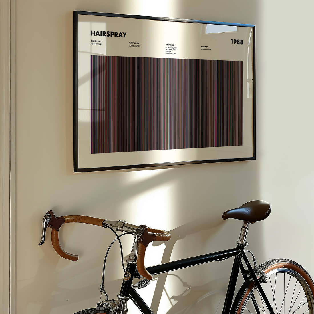 Hairspray 1988 Movie Barcode Poster framed on the wall of a styled room setting
